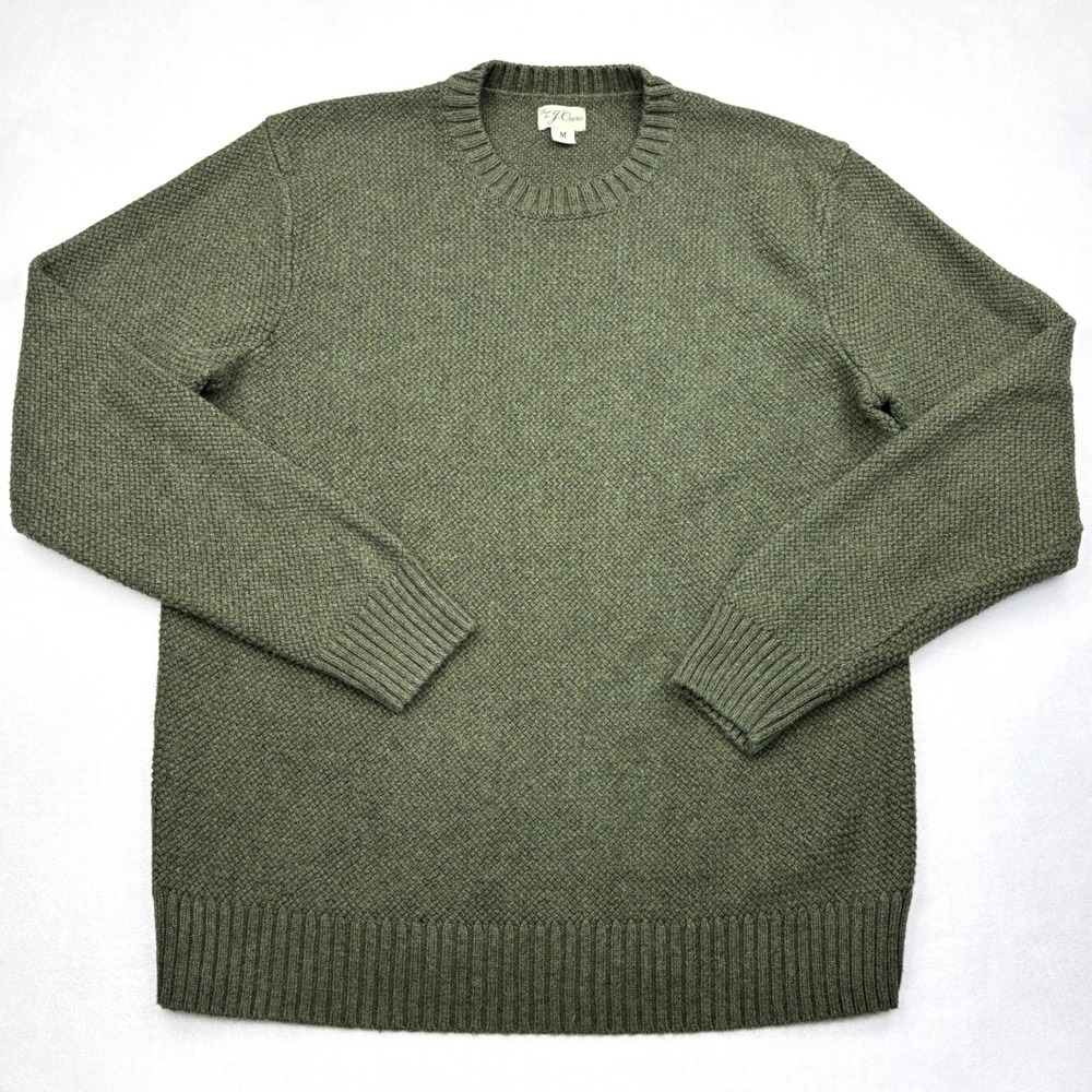 JCrew Sweater Mens Medium Green Textured Moss Stitch 100 Cotton Crewneck Size M